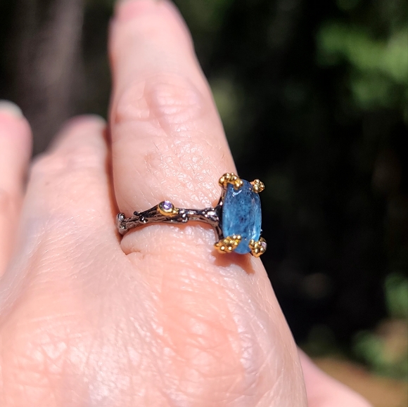 Kyanite & Amethyst elongated cushion cut STUNNING wreath sterling &gold ring sz9 - Picture 3 of 10